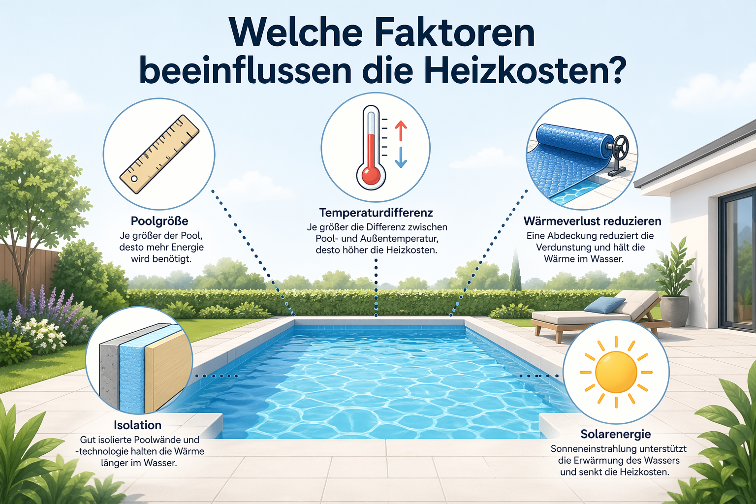 Einflussfaktoren auf die Kosten einer Poolheizung wie Poolgröße, Temperatur, Dämmung und Abdeckung