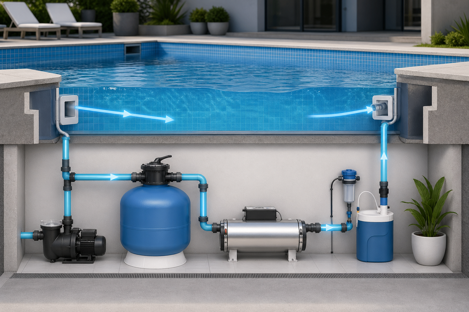 Installationsdarstellung einer Elektro‑Poolheizung