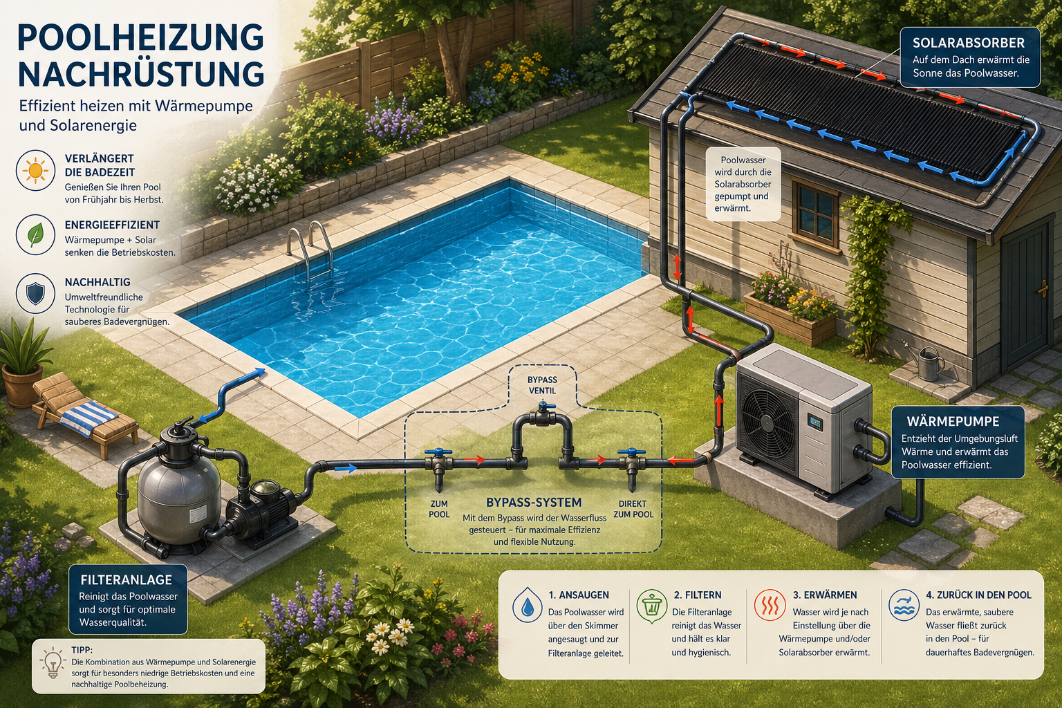 Infografik zur Nachrüstung einer Poolheizung mit Filteranlage, Bypass und Wärmepumpe