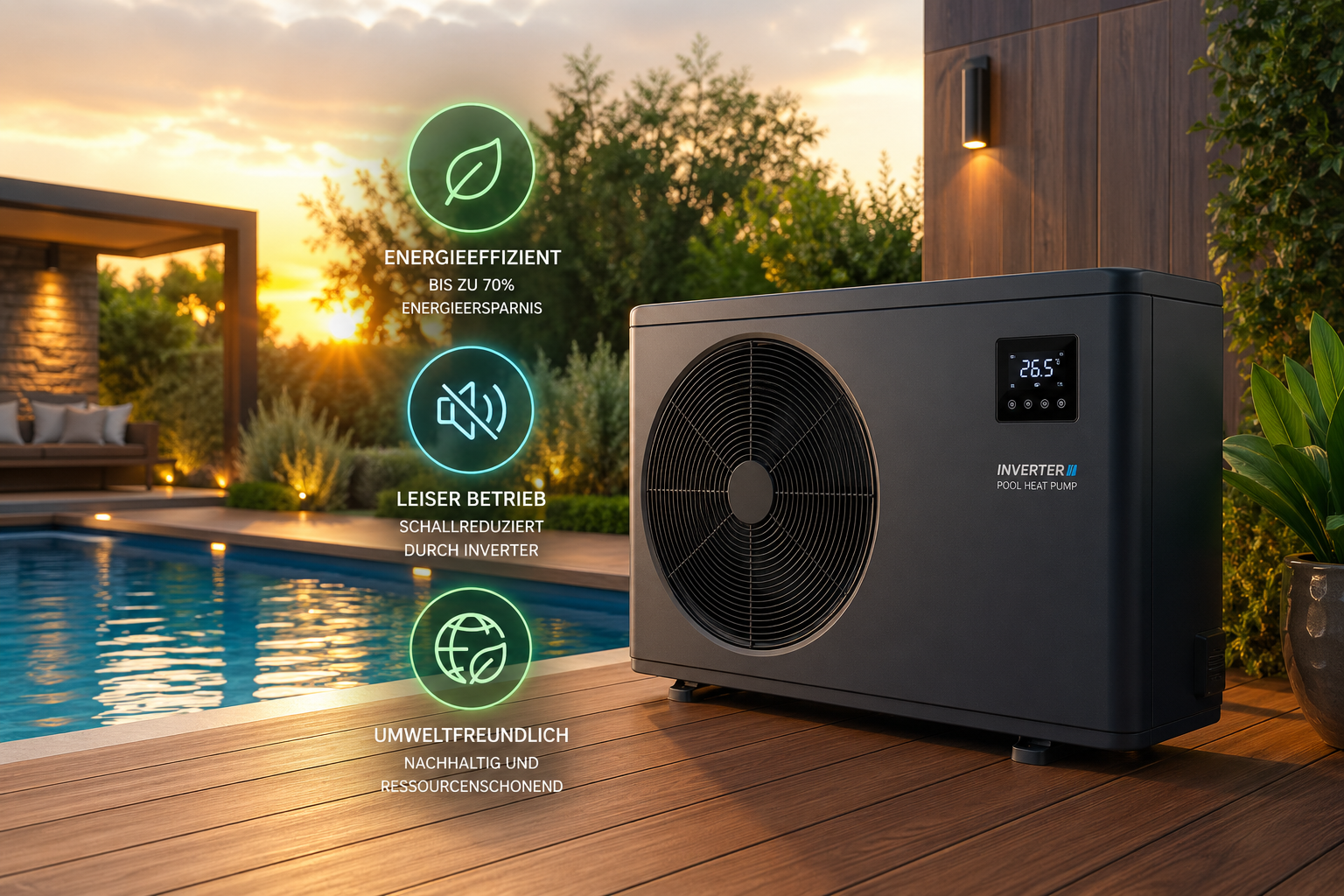Moderne Pool Wärmepumpe mit Inverter Technologie