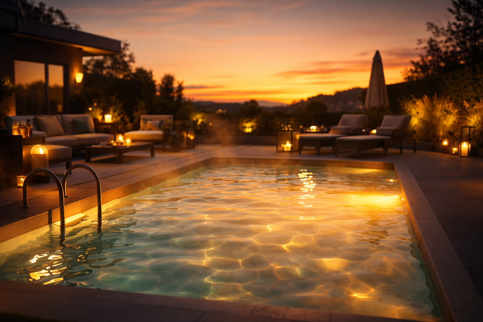 Beheizter Pool bei Sonnenuntergang mit warmer, einladender Atmosphäre