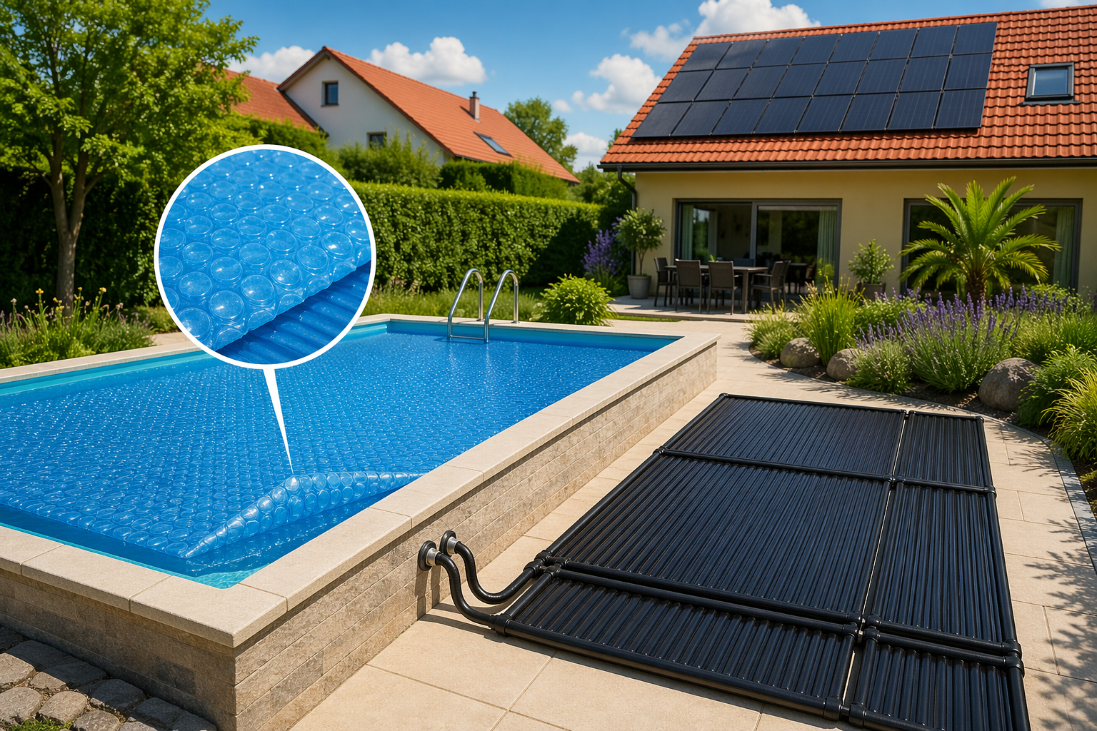 Pool mit Solarfolie zur Wärmespeicherung