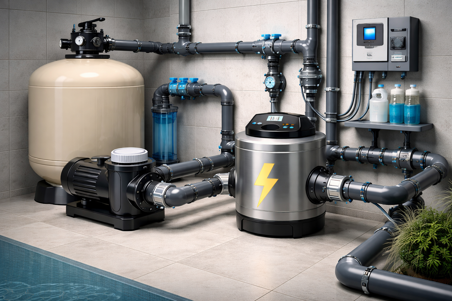 Professionell installierte Pooltechnik mit Heizung, Pumpe und Verrohrung