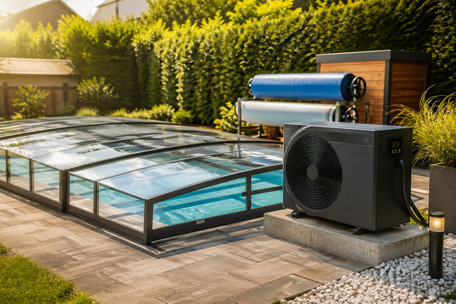 Poolheizung nachrüsten mit Wärmepumpe und Poolabdeckung