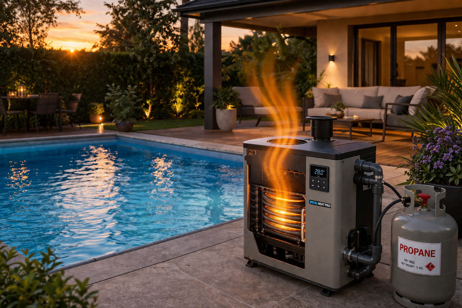 Moderne Gas Poolheizung im Garten