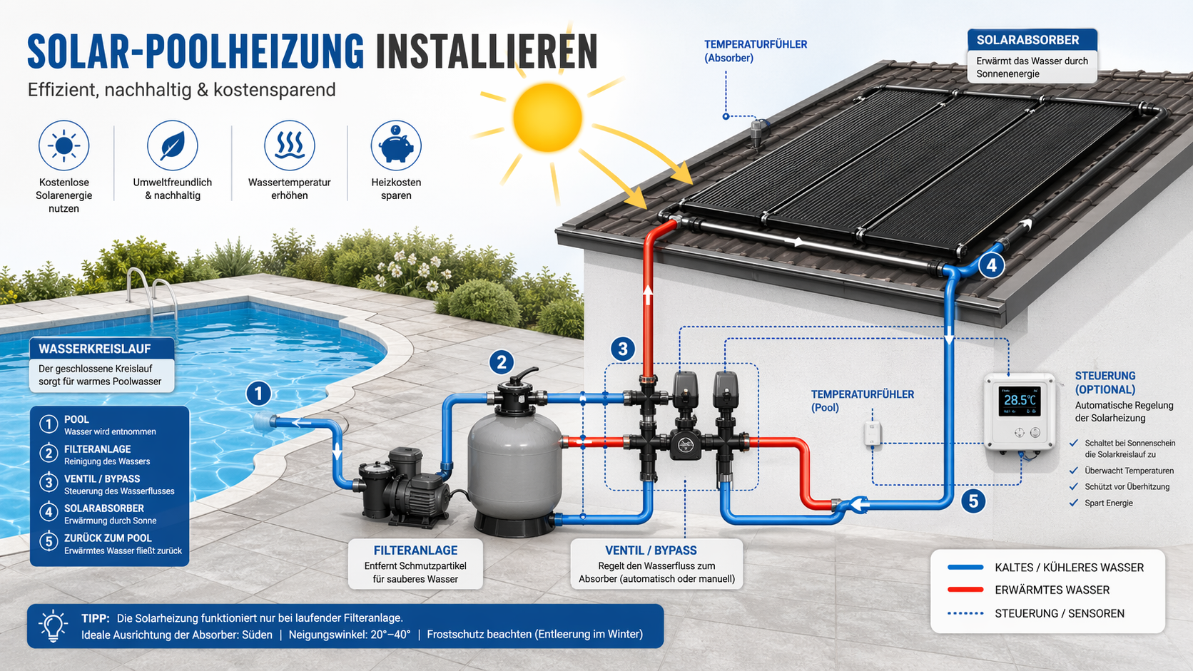 Solar-Poolheizung installieren – schematische Darstellung mit Pool, Filteranlage und Solarabsorber