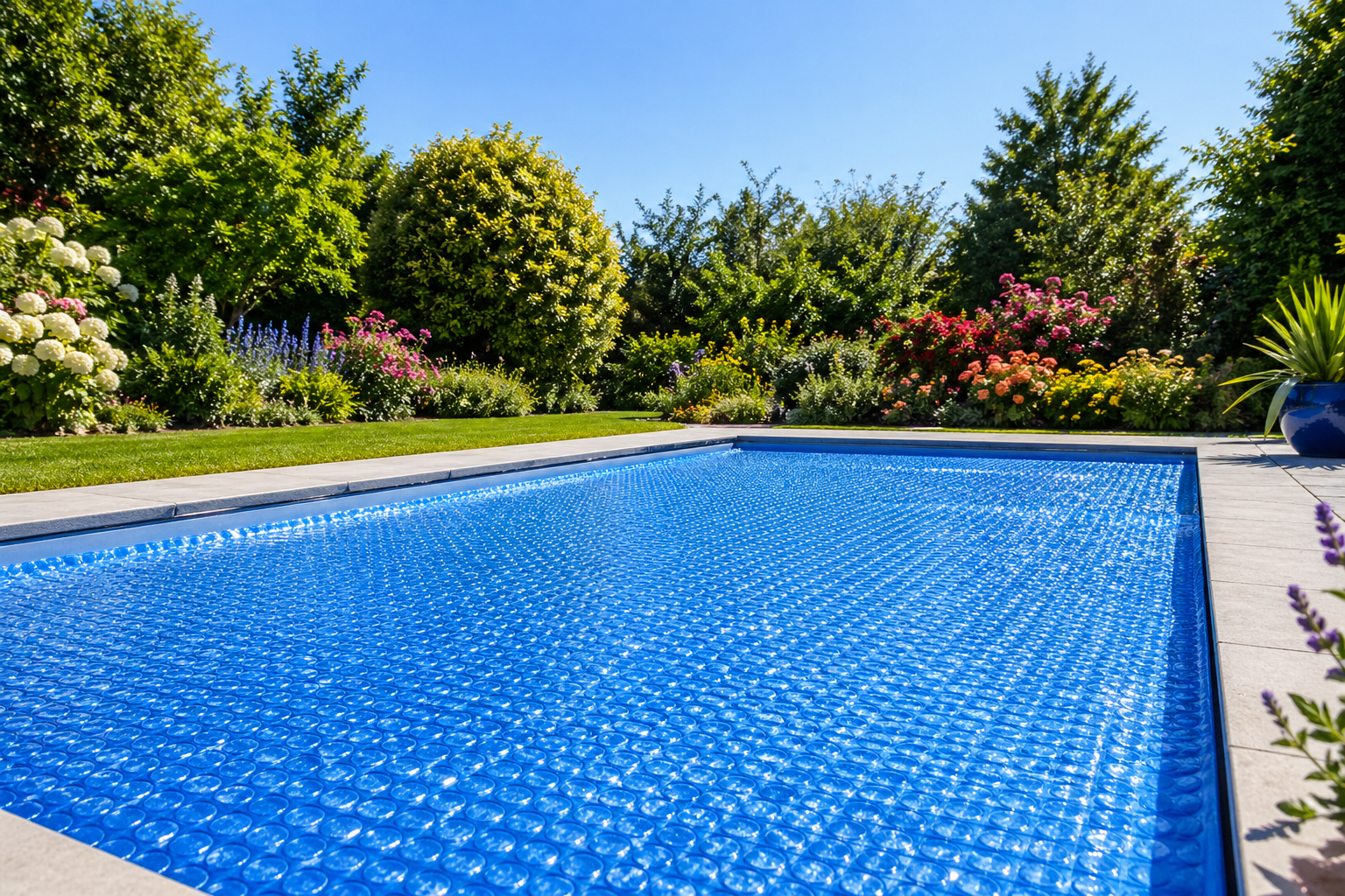 Sommerlicher Gartenpool mit Solarfolie als Poolabdeckung