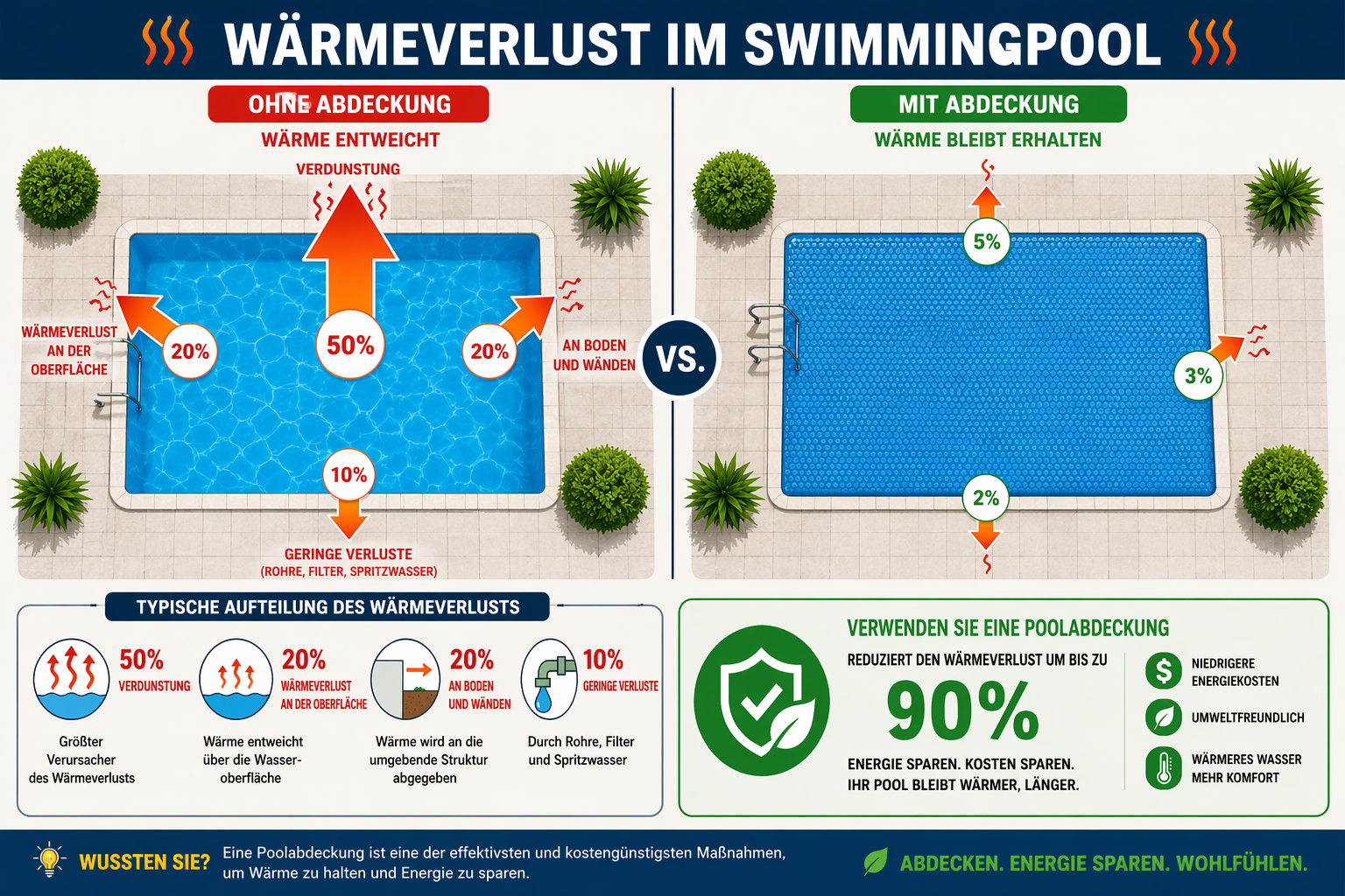 Wärmeverlust im Pool ohne und mit Abdeckung