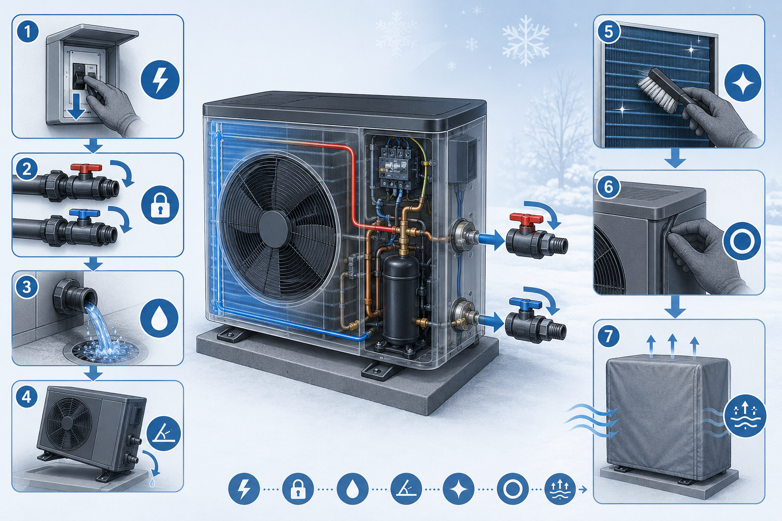 Infografik zum Winterfestmachen einer Pool Wärmepumpe