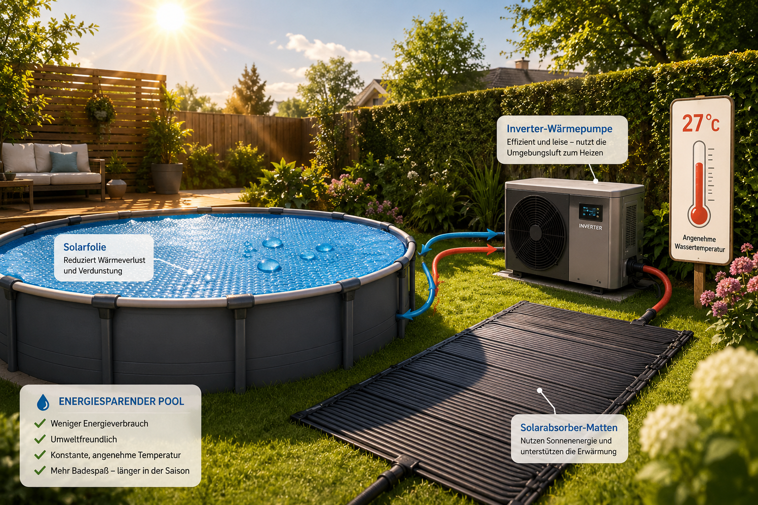 Energiesparender Pool mit Wärmepumpe, Solarabsorber und Abdeckung