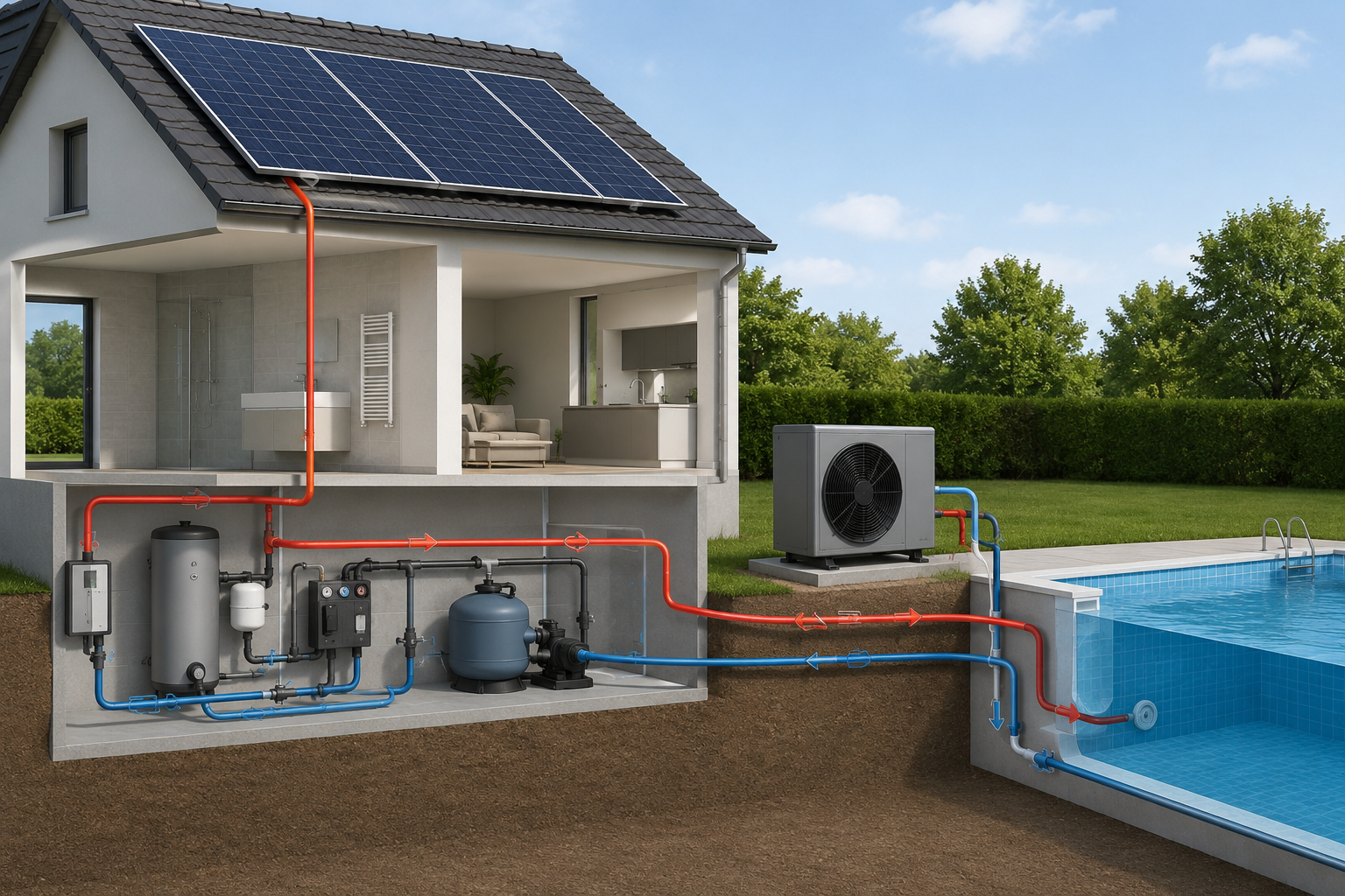 Energiesystem einer Poolheizung mit Haus, Wärmepumpe, Solarenergie und Pool