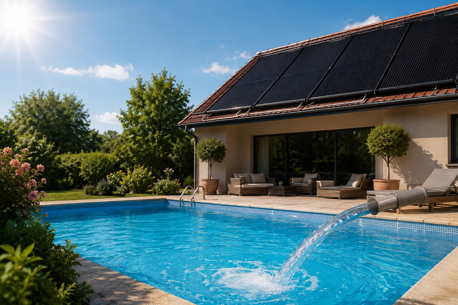 Helle Gartenlandschaft mit Swimmingpool und Solarheizung
