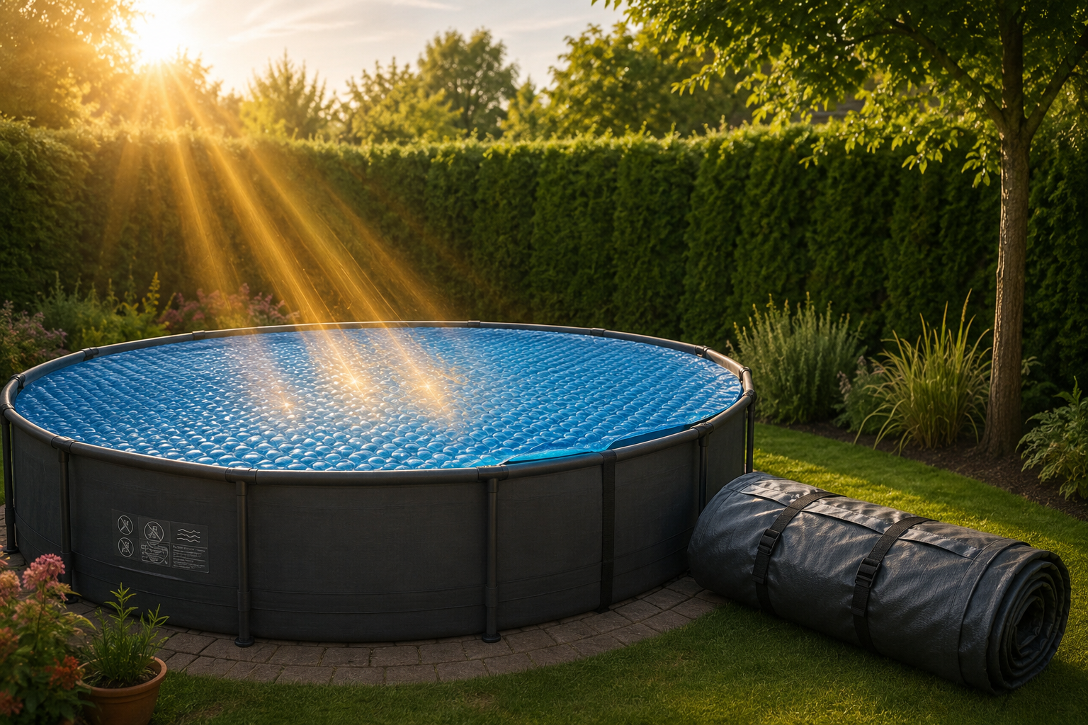 Helles Gartenparadies mit Pool, Solarfolie und effizienter Wärmespeicherung
