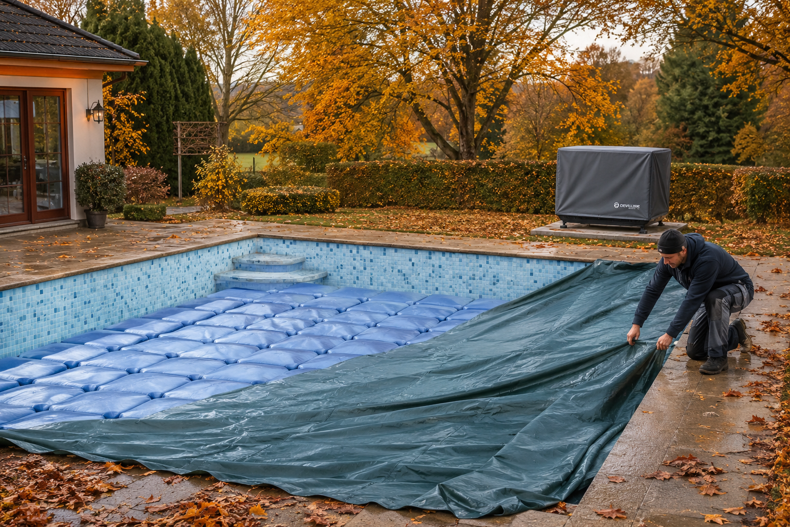 Herbstgarten mit abgedecktem Pool und winterfester Poolheizung