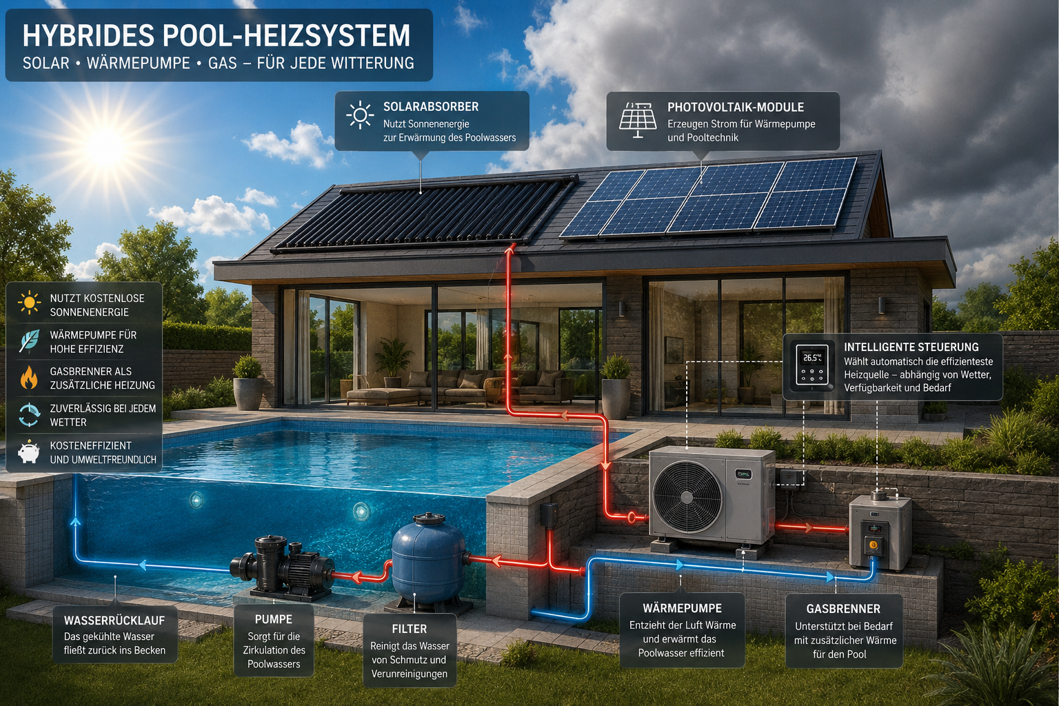 Hybrides Pool-Heizungssystem mit Solarabsorber, Wärmepumpe und moderner Pooltechnik