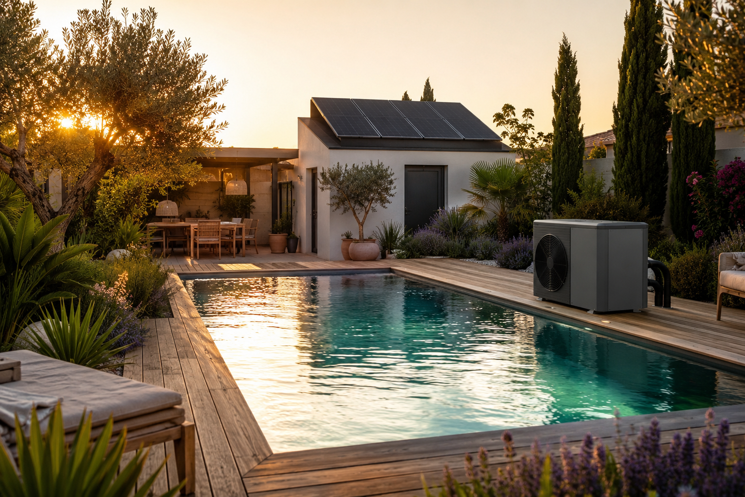 Salzwasserpool mit moderner Poolheizung im Garten