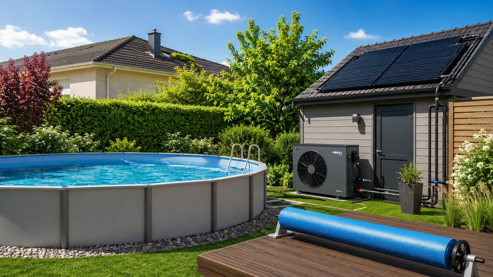 Gartenpool mit Poolheizung, Wärmepumpe und Solarabsorbern