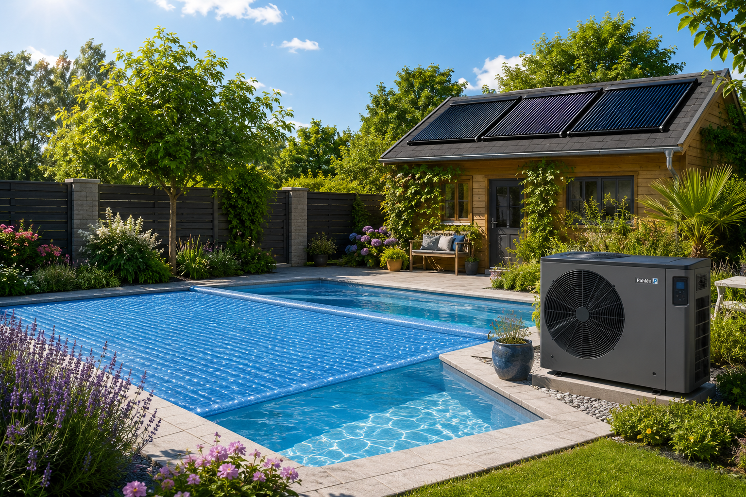 Energieeffizienter Pool mit Solarfolie, Wärmepumpe und Solarabsorbern