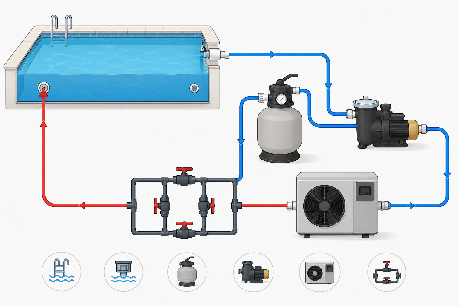 Infografik zum Wasserkreislauf einer Pool-Wärmepumpe mit Bypass
