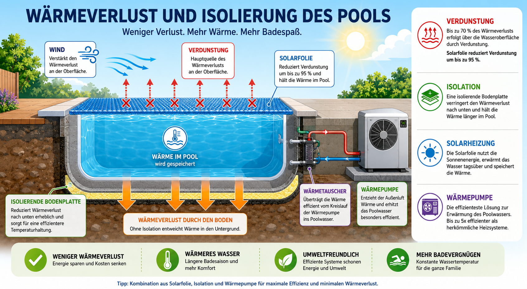 Infografik zum Wärmeverlust beim Pool durch Verdunstung, Wind, Boden und fehlende Abdeckung