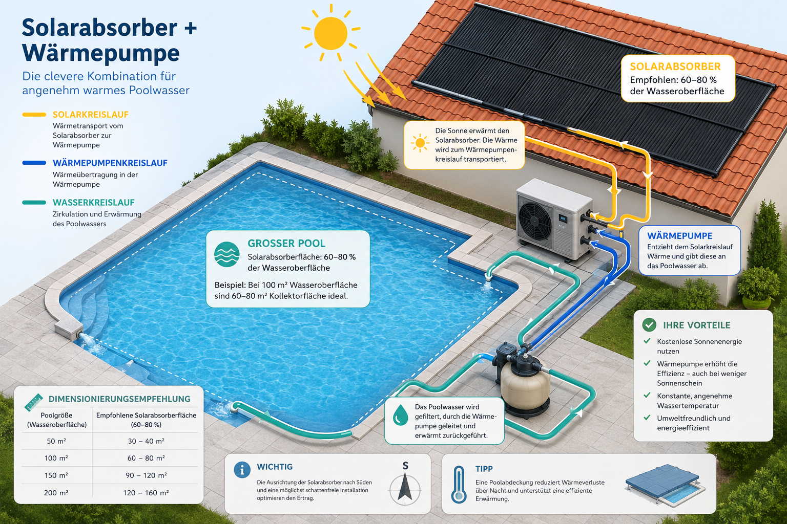 Infografik zur Kombination aus Solarabsorber und Wärmepumpe bei großen Pools