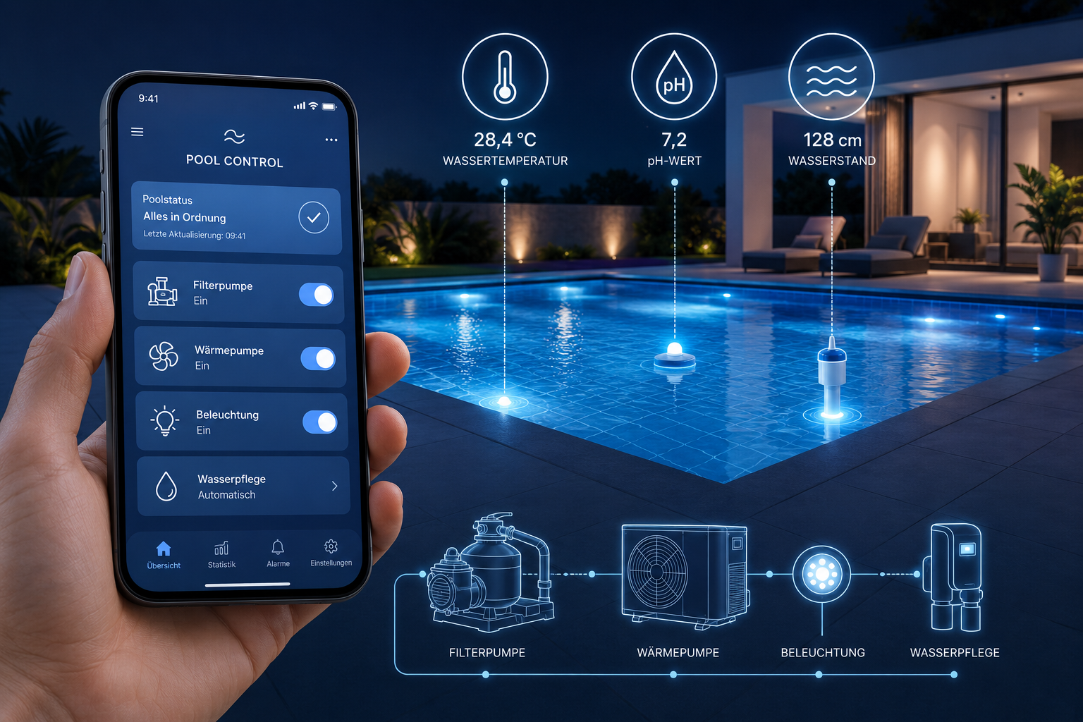 Intelligente Poolsteuerung bei Nacht mit beleuchtetem Pool und smarter Technik