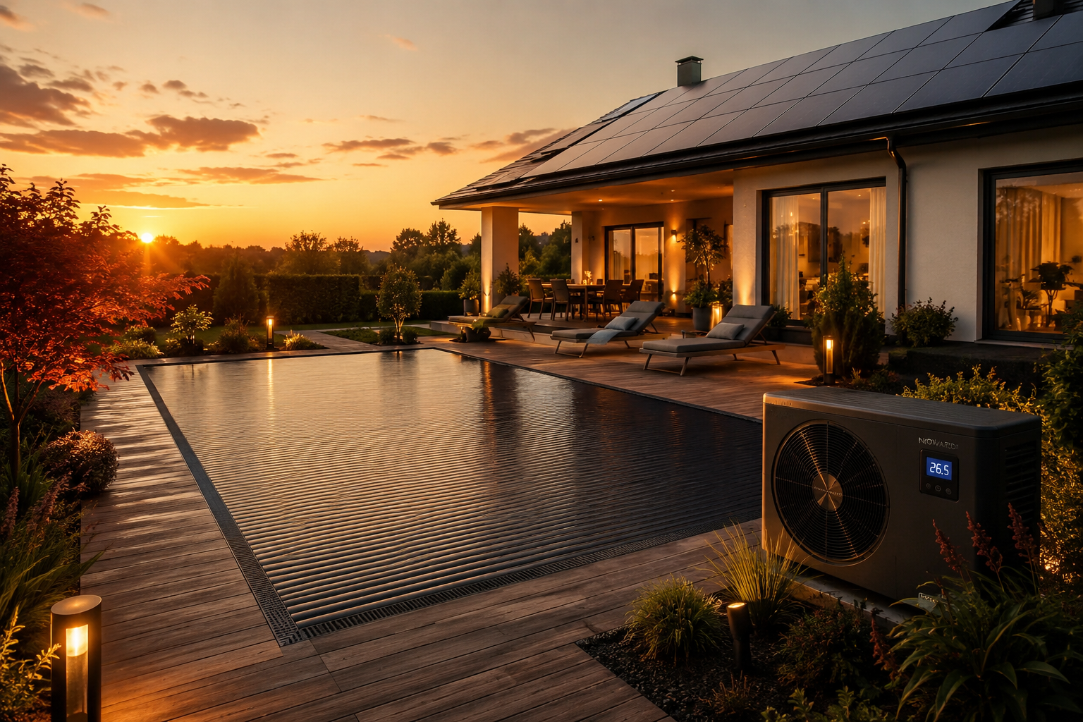 Energieeffizient beheizter Pool am modernen Haus
