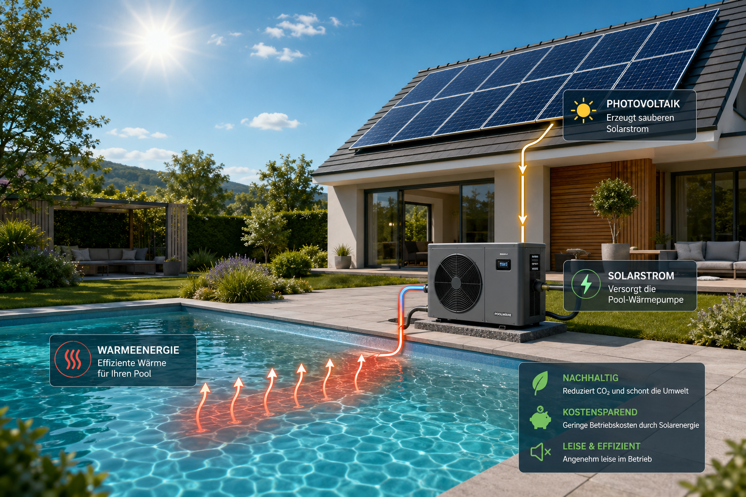 Moderne Solaranlage für Poolheizung mit Wärmepumpe