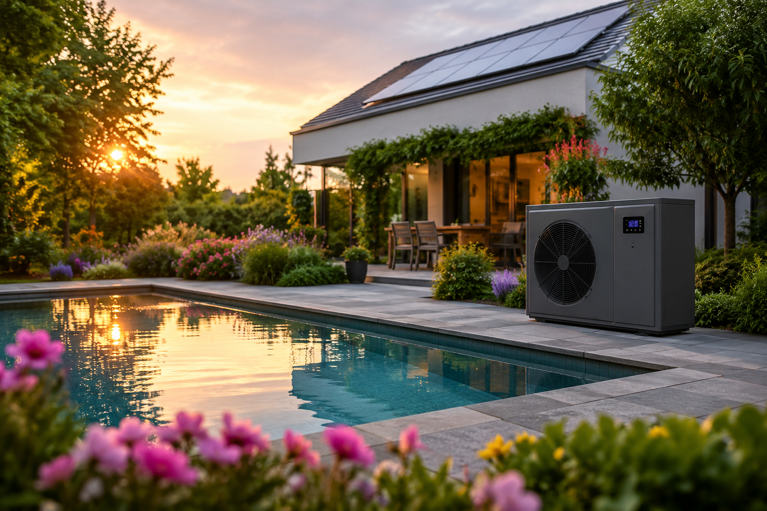 Moderne Terrasse mit Pool bei Sonnenuntergang