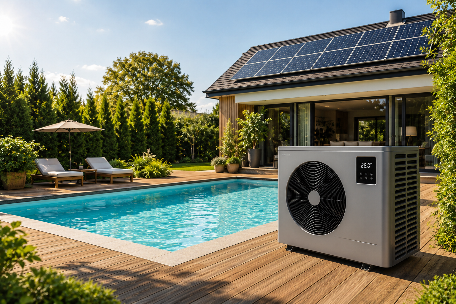 Modernes Poolheizungs-Setup für einen großen Pool mit Wärmepumpe