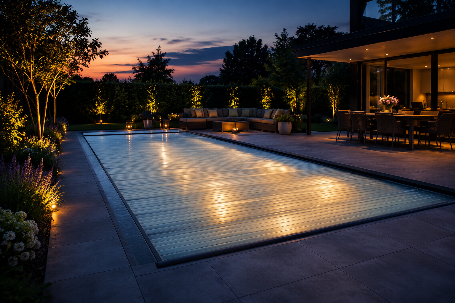 Poolabdeckung bei Dämmerung als Energiesparmaßnahme für beheizte Pools