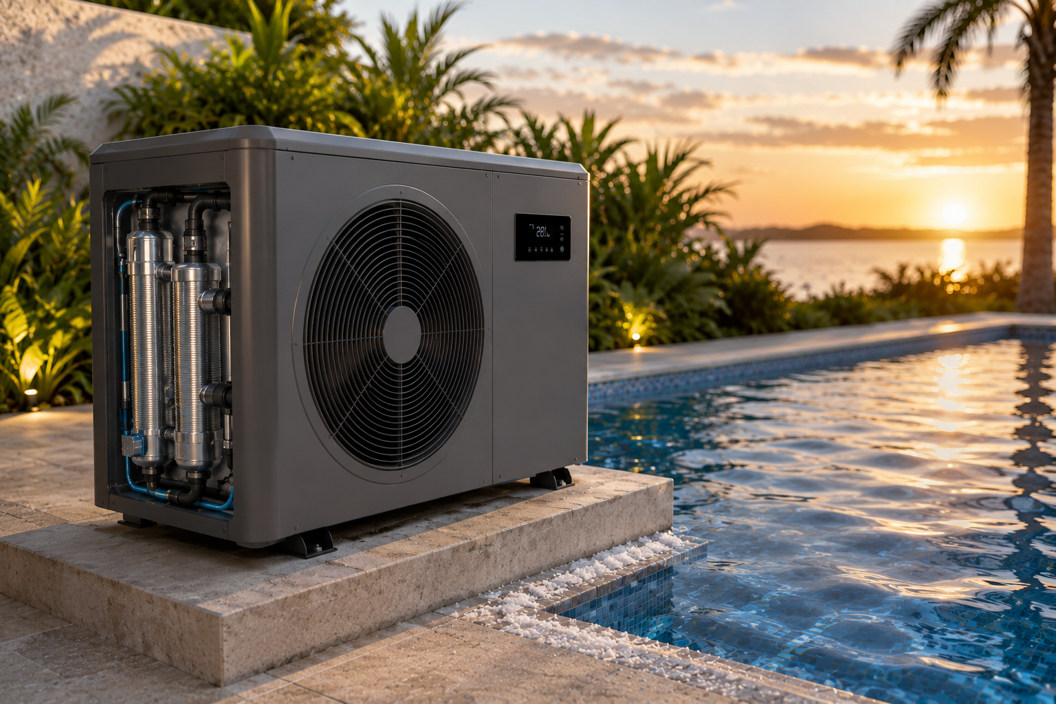 Poolbereich bei Sonnenuntergang mit Wärmepumpe für Salzwasserpool