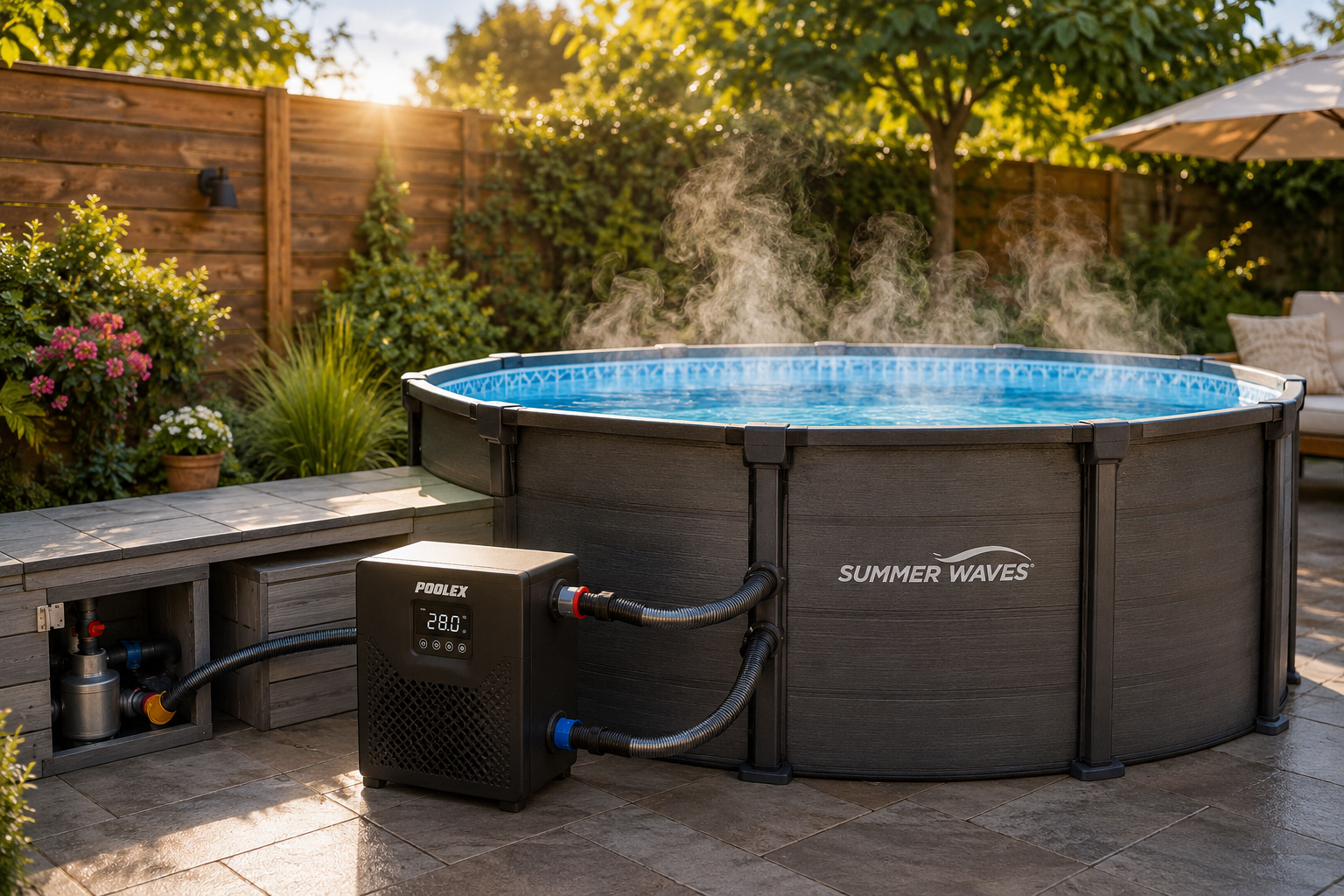 Kleiner Aufstellpool mit elektrischer Poolheizung im Garten