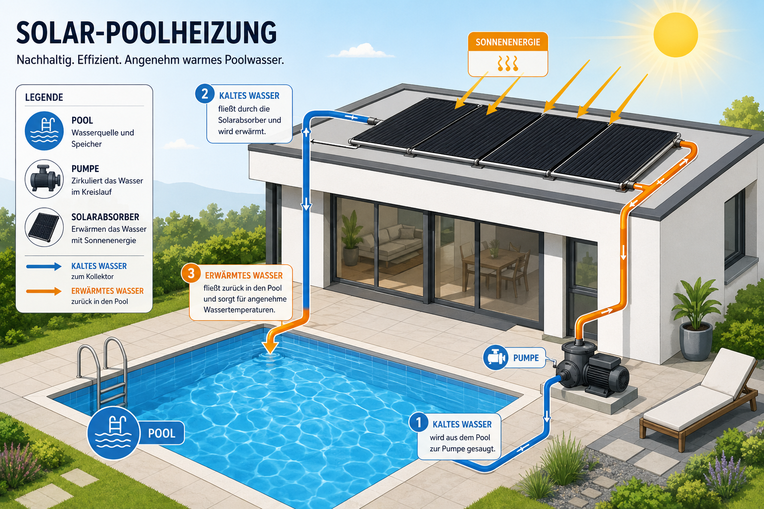 Schema einer Solar-Poolheizung mit Pool, Pumpe und Solarabsorbern