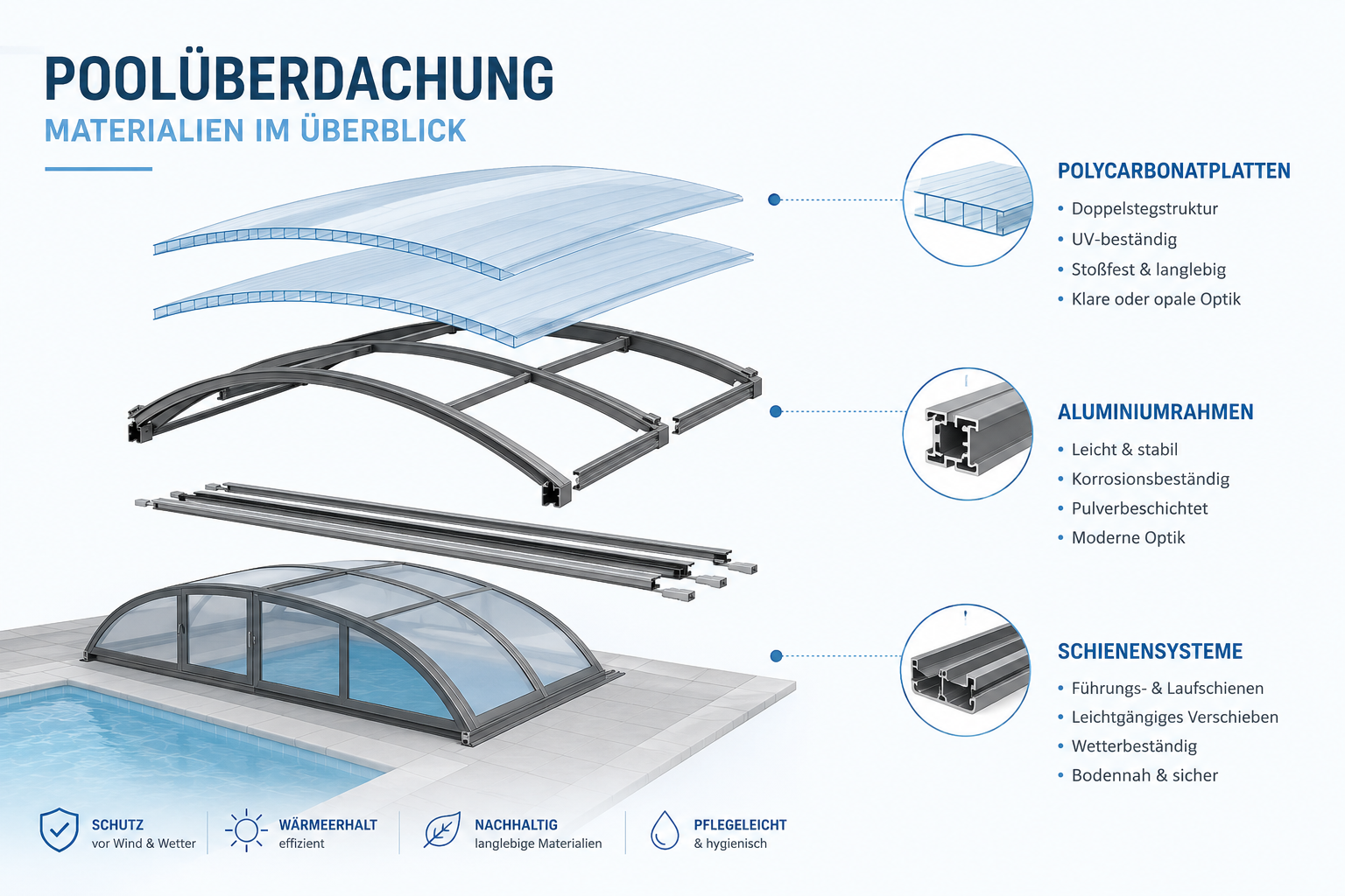 Aufbau und Materialien einer Poolüberdachung