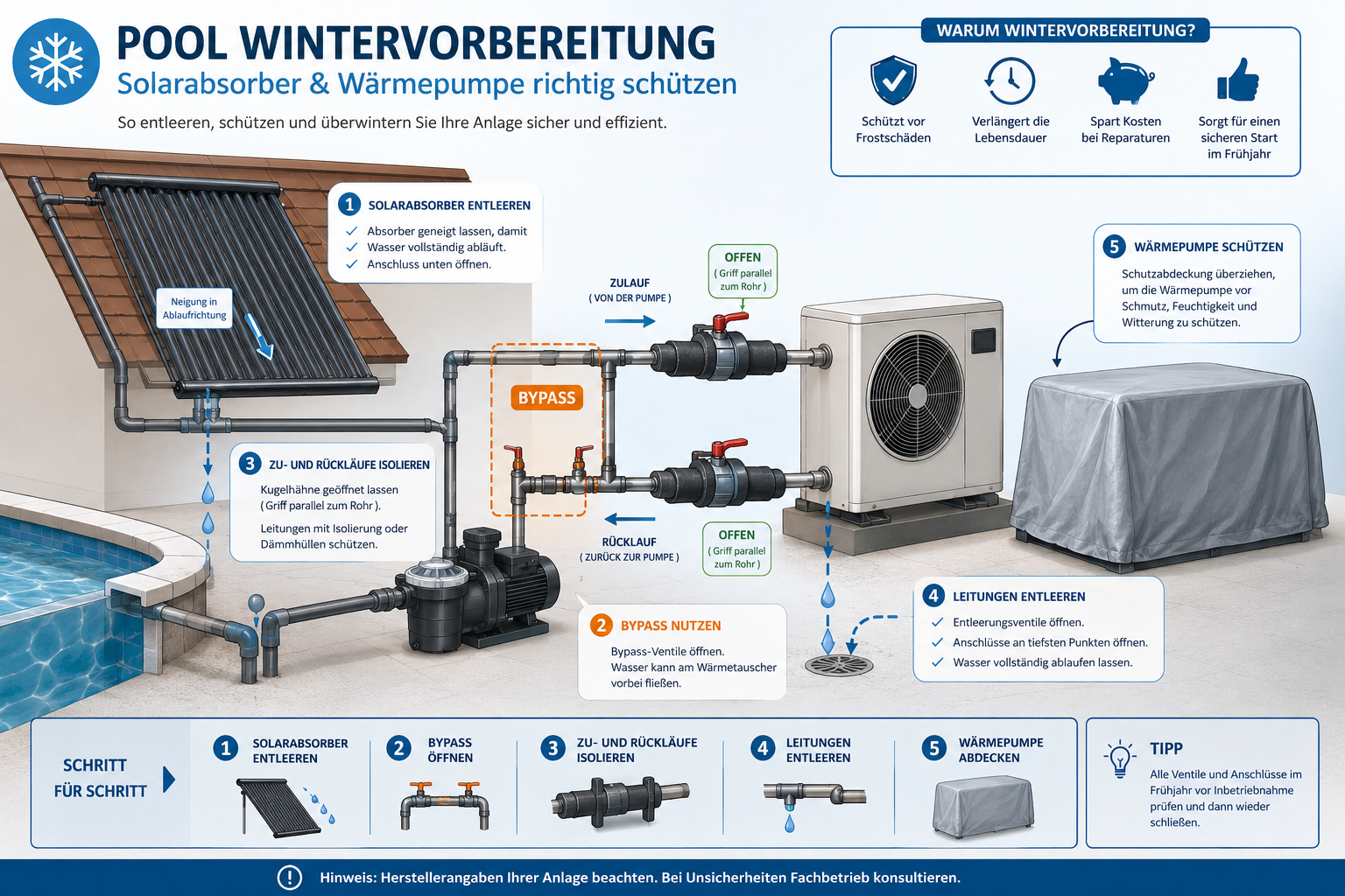 Schritt-für-Schritt-Anleitung zur Poolwinterisierung mit Poolheizung und Technik