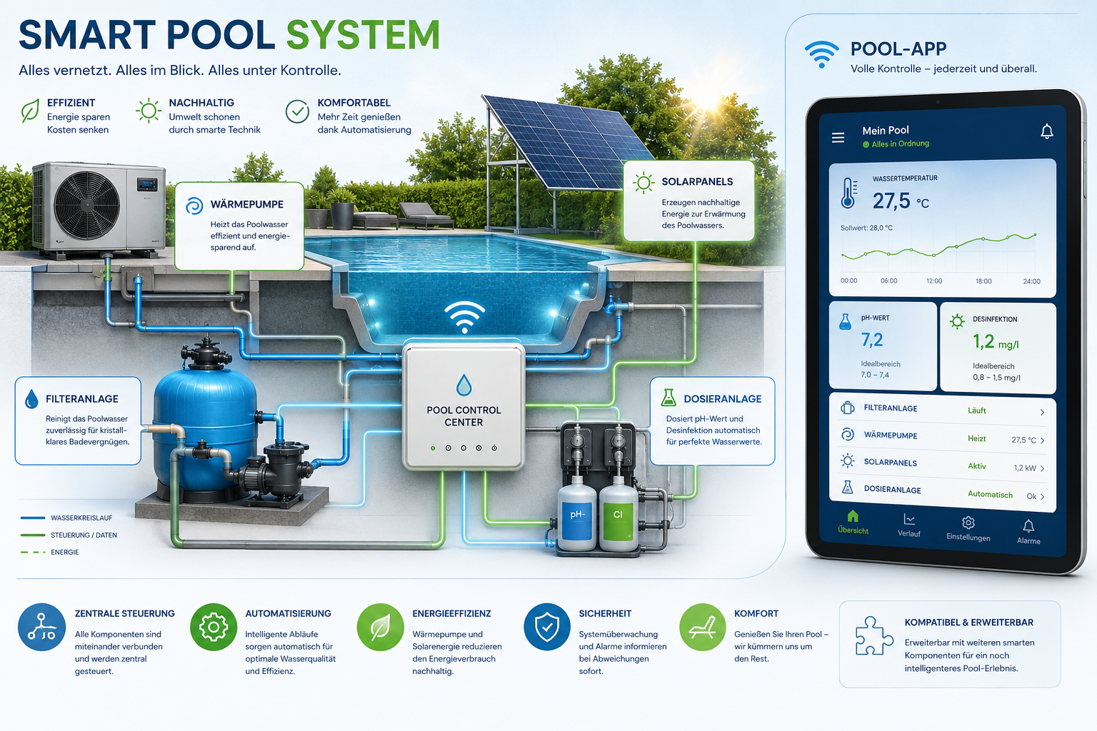 Smart Pool System mit App Interface zur Steuerung von Pooltechnik