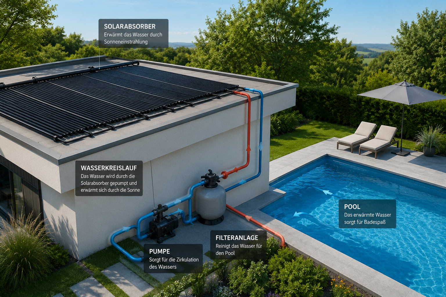 Solarabsorber Poolheizung auf dem Dach neben Swimmingpool