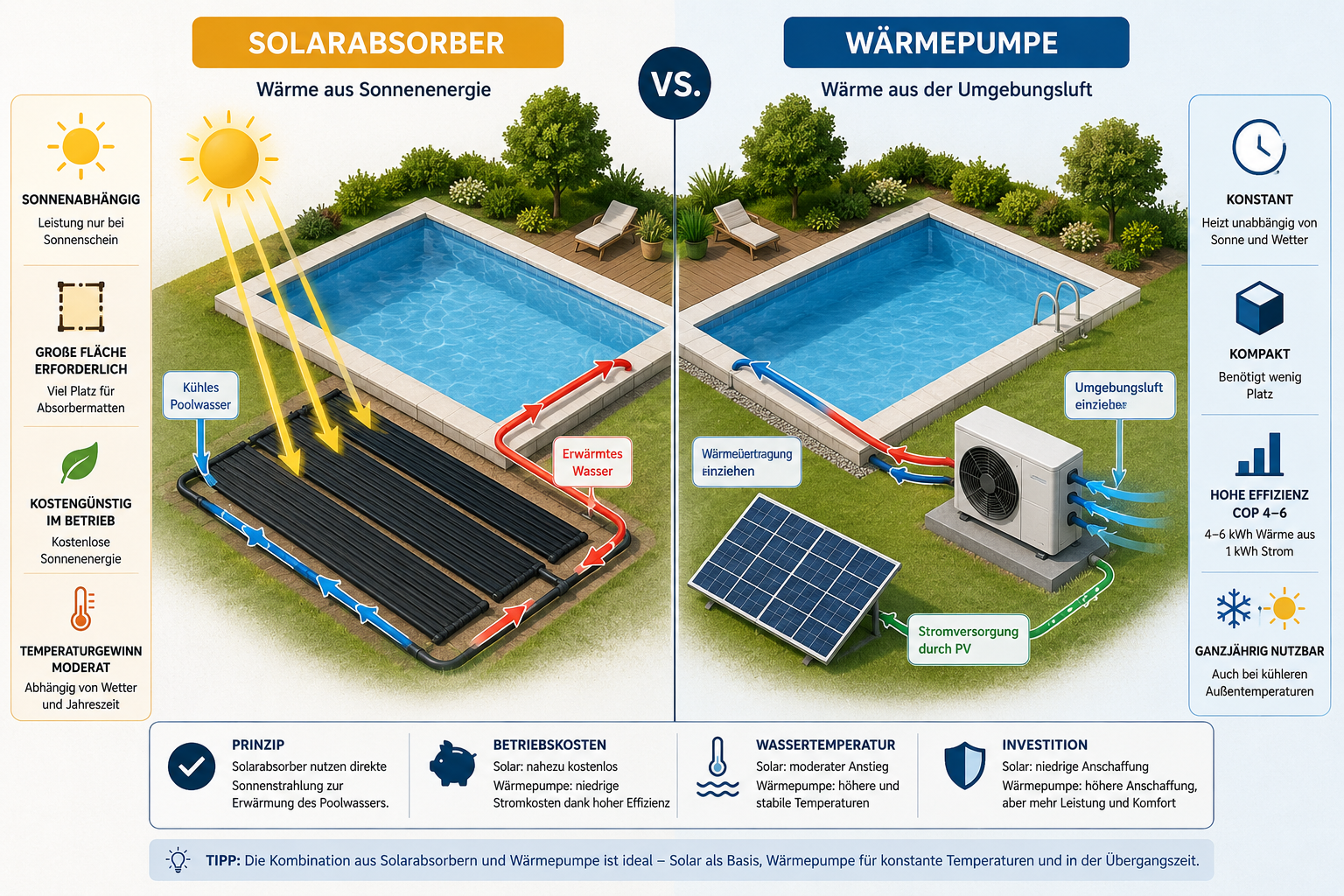 Vergleich Solarabsorber und Wärmepumpe für Poolheizung