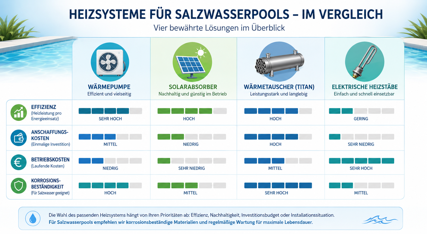 Vergleich verschiedener Poolheizungssysteme für Salzwasserpools
