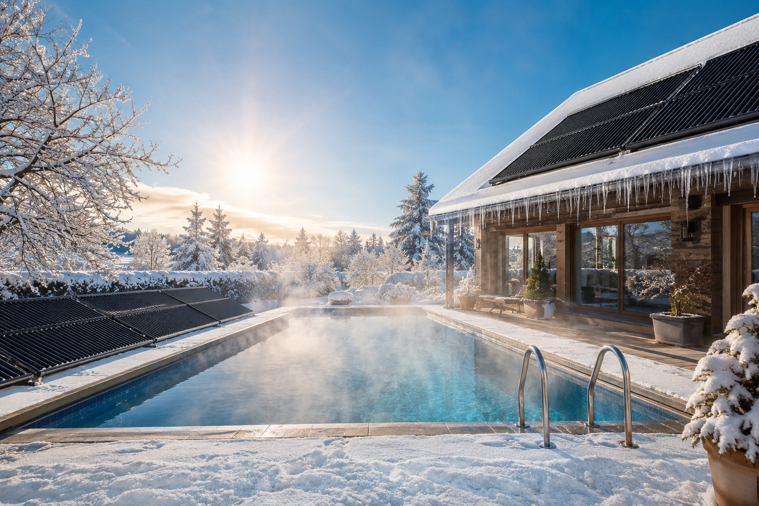 Wintermorgen an einem beheizten Pool mit Solarheizung